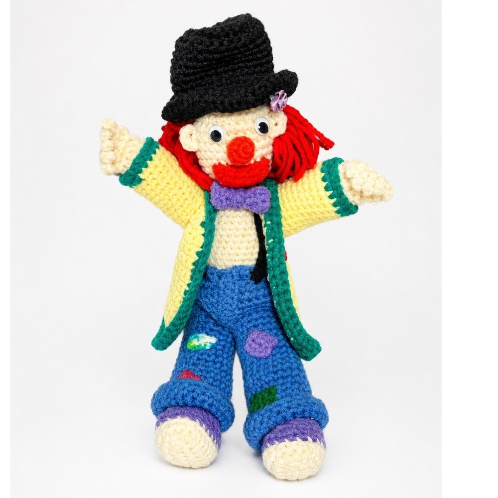 Handmade Crochet Clown Doll Amigurumi Plush Toy Red Hair Yellow Coat‎ 13 1/2"